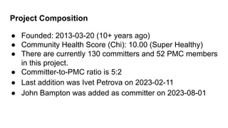 Project Composition
● Founded: 2013-03-20 (10+ years ago)
● Community Health Score (Chi): 10.00 (Super Healthy)
● There are currently 130 committers and 52 PMC members
in this project.
● Committer-to-PMC ratio is 5:2
● Last addition was Ivet Petrova on 2023-02-11
● John Bampton was added as committer on 2023-08-01
 
