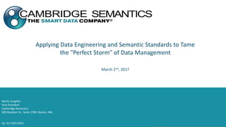 Applying Data Engineering and Semantic Standards to Tame
the "Perfect Storm" of Data Management
March 2nd, 2017
Marty Loughlin
Vice President
Cambridge Semantics
500 Boylston St., Suite 1700, Boston, MA
www.cambridgesemantics.com
marty@cambridgesemantics.com
(o) 617.855.9565
 