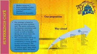 SUPERKINGSCAFÉ
Start the
cafes with
Chennai : in
different
areas
Expand
footprint to
other south-
Indian cities
like
Bangalore,
Hyderabad
Achieve a
pan-India
presence
Go overseas
to the
following
countries :
Australia,
United
Kingdom,
Dubai : with
sizeable
Indian
community
• Our strategy is based on
serving our niche markets
well. The sports enthusiast,
the business entertainer and
traveller, the local night
crowd, as well as families
dining out all can enjoy the
SuperKings experience
• The concentration will be on
maintaining quality and
establishing a strong identity
in each local market. The
identity becomes the source
of "critical mass" upon which
expansion efforts are based.
Way ahead
Our proposition
• Market sizing etc ?
• Exact roadmap of cities
to be included and a
timeline?
• Revenue-etc if possible
 