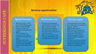 Revenue opportunities:
Special Previews:
• Special preview events
across SuperKings pubs
before and during IPL
• Generates buzz and
euphoria during the IPL
begins
• Will transform our
properties into prime
hotspots during the IPL
times
• Will help cafes gain
enough traction to sustain
activities and profitable
business throughout the
year
Merchandise sale:
• Exclusive autographed
merchandise to be kept at
these venues for sales
• The sales to be further
boosted at these pubs by
the visit of the cricketers in
exclusive events
• Many of the prizes of the
contests during IPL to be
awarded here at the pub
Karaoke nights:
• To be organized every week.
• One of the star attractions of
the pub : Will be
differentially priced
• Will convert the pubs into
hubs of weekday party and
masti-time with aim of
drawing enough crowd to
sustain healthy weekday
operations
• At times, paid advertorials to
be printed with pics of these
parties onto Chennai Times
and other supplements
SUPERKINGSCAFÉ
 