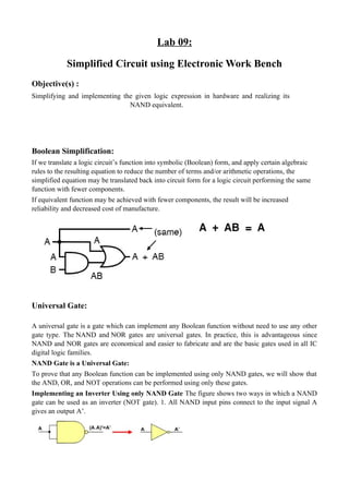 Simplifying Logic Circuits and Implementing NAND Gate Equivalents Using ...