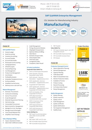 Manufacturing
CSL Solution for Manufacturing Industry
SAP S/4HANA Enterprise Management
+8%Plan
Adherence*
-19%Manufacturing
Cost*
-18%Day Sales
Outstanding*
-48%Order Cycle
Times*
25%Fewer days in
Inventory
SAP S/4HANA Finance
MaterialManagement
Sales, Shipping & Billing
† General Ledger
† AssetAccounting
† InventoryAccounting
† AccountsPayable
† AccountsReceivable
† Revenue&CostAccounting
† ClosingOperations
† AP&ARCockpits
† FinancialReporting
† CostManagement
† ProductCostManagement
† CostAnalysis
† ProfitabilityAnalysis
† Embedded Templates & Forms
† No Reconciliation
† Simplified Journal Entries
† Minimize errors with SAP Fiori
† Domestic Procurement
† Contract & Scheduling
† Service Procurement
† Scrap Management
† Materials Requirement Planning
† Sub-Contracting
† Consumable Procurement
† Batch & Serial No. Management
† Manage Ext. & Int. Shortages
† Manage Issues & Shortages
† Track Overall Material Flow
† Simplified Stock Postings
† Inquiry / Quotation/ Orders
† Sales Order Fulfillment Cockpit
† Credit Management
† Pricing, Discounts & Rebates
† Shipping & Transportation
† Optimize Delivery & Billing
† Sales Return
† Domestic & Export Sales
† Intercompany Sales
† Third Party Sales
† Consignment Sales
† Complaints / Batch Recall
Sri Lanka Localizations
Suspended Value Added Tax
Nation Building Tax
† SVAT 03 Total Output Declaration
† SVAT 04Goods / Services
Declaration under SVATS
† SVAT 05Goods / Services
Declaration - Supplementary Form
† SVAT 05(a)Goods / Services
Declaration - Supplementary Form
† Suspended VAT Debit Notes
† SVAT 05(b)Goods / Services
Declaration - Supplementary Form
Suspended VAT Credit Notes
† SVAT 06 Schedule of the
Suspended Purchases
† SVAT 06(a) Summary of
cancellation of credit
vouchers/credit notes received
† SVAT 07 Summary of the
Suspended Supplies
† SVAT 07(a) Summary of
Suspended Debit Notes
† SVAT 07(b) Summary of
Suspended Credit Notes
† NBT report Income description
with Liable Income and NBT
charges
† NBT report NBT cost G/L wise
† NBT receivable Import purchase
† NBT receivable local purchase
† NBT Payable
† VAT Input Schedule report and VAT
chargeable amount
† VAT receivable Import purchase
† VAT receivable local purchase
† VAT Output
Value Added Tax
Production Planning & Control
Quality Management
† Sales & Operations Planning
† Demand Management
† Capacity Planning
† FIORI-Based MRP
† Make-To-Stock/Order Prod.
† Monitor Production Orders
† Available to Promise
† Product Costing
† Rework Processing
† Co-Product & By-Product
† Recipe Management
† Quality Planning
† Quality Inspection
† Quality Control
† Audit Management
† Quality Certificates
† Quality Notifications
† Test Equipment Management
† Stability Study
PHASE 02
PHASE 01
*SAP Performance Benchmarking »
Project Duration
08 WEEKS
FI MM SD
PHASE 01
starting from
3000 /Month* USD
*Price is valid only if the
depending SAP
licenses & Amazon Web
Service procured from
CSL
*On boarding cost 20,000 USD
5 Forms and 10 Reports, Legacy Data Migrations
30 SAP User Licenses
Phase wise Deployment
FI, MM, SD, PP, QM
158KUSD Onwards*
GET IN TOUCH
WITH US
Computer Systems
Pvt. Ltd.
467, Union Place
Colombo 02
Sri Lanka.
Phone: +94 77 33 15 155
+94 77 79 48 575
Email: info@csl.maharaja.lk
 