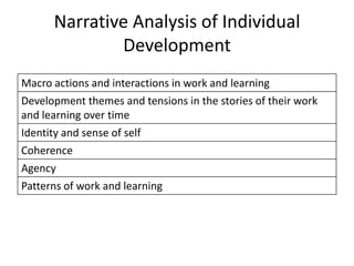 Narrative Analysis of Individual
              Development
Macro actions and interactions in work and learning
Development themes and tensions in the stories of their work
and learning over time
Identity and sense of self
Coherence
Agency
Patterns of work and learning
 
