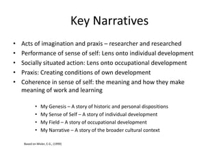 Key Narratives
•   Acts of imagination and praxis – researcher and researched
•   Performance of sense of self: Lens onto individual development
•   Socially situated action: Lens onto occupational development
•   Praxis: Creating conditions of own development
•   Coherence in sense of self: the meaning and how they make
    meaning of work and learning

            •   My Genesis – A story of historic and personal dispositions
            •   My Sense of Self – A story of individual development
            •   My Field – A story of occupational development
            •   My Narrative – A story of the broader cultural context

    Based on Misler, E.G., (1999)
 
