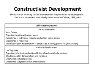 Constructivist Development
    The nature of an entity can be understood in the process of its development....
        “for it is in movement that a body shows what it is” (Cole, 1978, p 65)


                                 Different Perspectives
                                   Social Interaction
John Dewey
Cognition begins with experience
Experience is individual thought and action social action
Experience is reciprocal
Mind is social in its formation – emphasize learning processes (interaction)
                                 Cultural Development
Lev Vygotsky
Cognition is historic and cultural Internalized social relationships
Mind is social in its formation and function
Emphasize cultural process
Embedded Subject Learns Consciousness
 