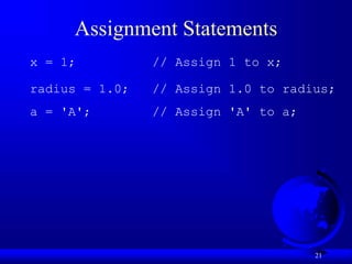 21
Assignment Statements
x = 1; // Assign 1 to x;
radius = 1.0; // Assign 1.0 to radius;
a = 'A'; // Assign 'A' to a;
 