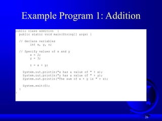 26
Example Program 1: Addition
public class addition {
public static void main(String[] args) {
// declare variables
int x, y, z;
// Specify values of x and y
x = 2;
y = 3;
z = x + y;
System.out.println("x has a value of " + x);
System.out.println("y has a value of " + y);
System.out.println("The sum of x + y is " + z);
System.exit(0);
}
}
 