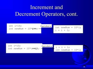 38
Increment and
Decrement Operators, cont.
int i=10;
int newNum = 10*i++;
int newNum = 10*i;
i = i + 1;
Equivalent to
int i=10;
int newNum = 10*(++i);
i = i + 1;
int newNum = 10*i;
Equivalent to
 