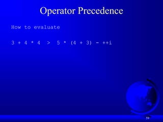 59
Operator Precedence
How to evaluate
3 + 4 * 4 > 5 * (4 + 3) - ++i
 
