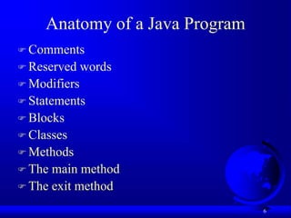 6
Anatomy of a Java Program
 Comments
 Reserved words
 Modifiers
 Statements
 Blocks
 Classes
 Methods
 The main method
 The exit method
 