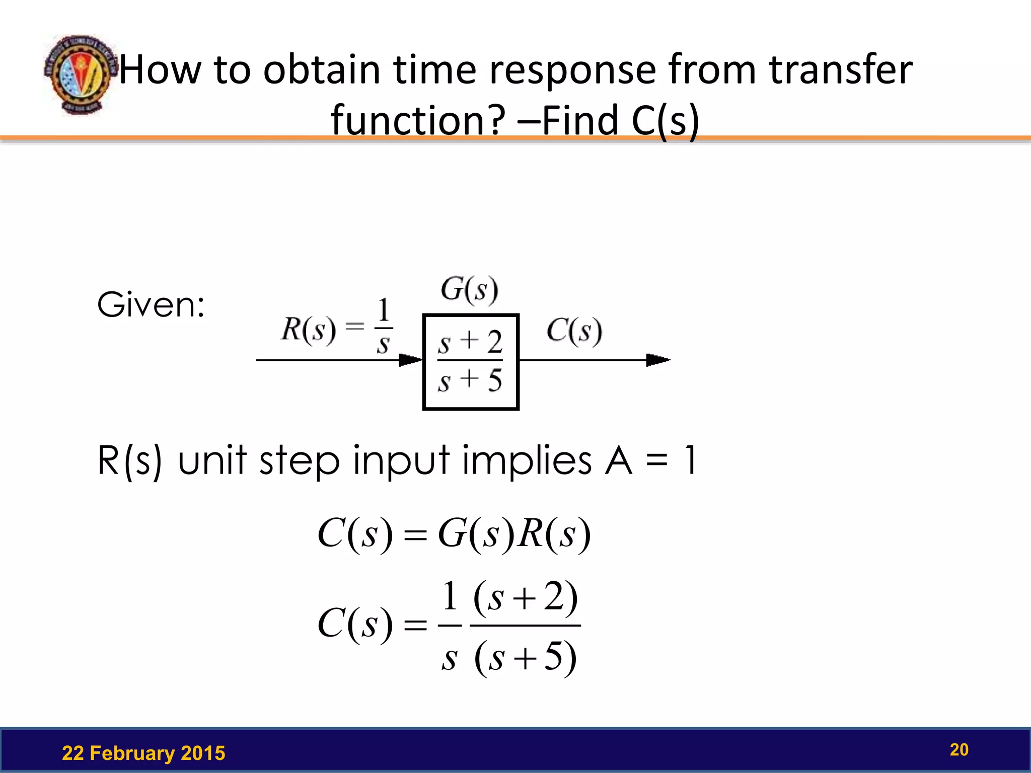 How to obtain time response from transfer
function? –Find C(s)
22 February 2015 20
Given:
R(s) unit step input implies A = 1
)5(
)2(1
)(
)()()(




s
s
s
sC
sRsGsC
 