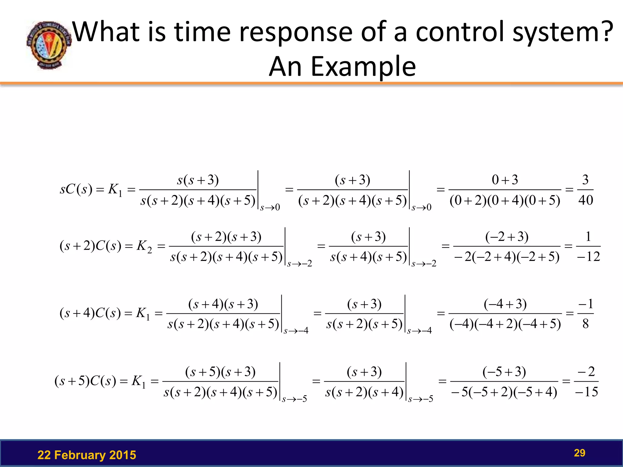 What is time response of a control system?
An Example
22 February 2015 29
40
3
)50)(40)(20(
30
)5)(4)(2(
)3(
)5)(4)(2(
)3(
)(
00
1 









 ss
sss
s
ssss
ss
KssC
12
1
)52)(42(2
)32(
)5)(4(
)3(
)5)(4)(2(
)3)(2(
)()2(
22
2











 ss
sss
s
ssss
ss
KsCs
8
1
)54)(24)(4(
)34(
)5)(2(
)3(
)5)(4)(2(
)3)(4(
)()4(
44
1











 ss
sss
s
ssss
ss
KsCs
15
2
)45)(25(5
)35(
)4)(2(
)3(
)5)(4)(2(
)3)(5(
)()5(
55
1












 ss
sss
s
ssss
ss
KsCs
 