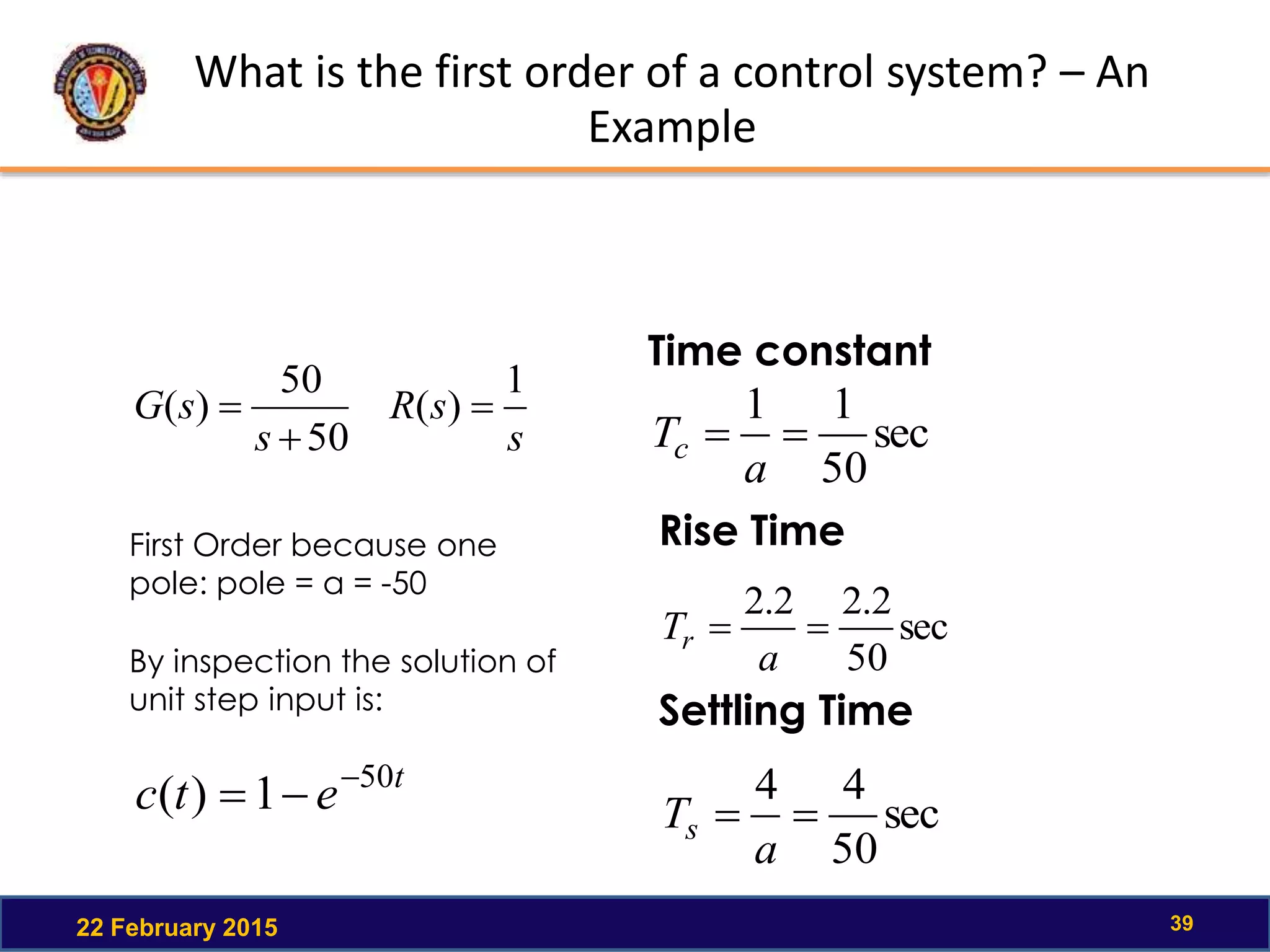 What is the first order of a control system? – An
Example
22 February 2015 39
Settling Time
sec
50
44

a
Ts
Rise Time
sec
50
2.22.2

a
Tr
Time constant
sec
50
11

a
Tc50
50
)(


s
sG
First Order because one
pole: pole = a = -50
t
etc 50
1)( 

By inspection the solution of
unit step input is:
s
sR
1
)( 
 