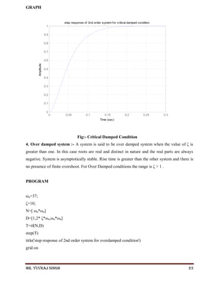 Mr. Yuvraj Singh 23
GRAPH
Fig:- Critical Damped Condition
4. Over damped system :- A system is said to be over damped system when the value of ζ is
greater than one. In this case roots are real and distinct in nature and the real parts are always
negative. System is asymptotically stable. Rise time is greater than the other system and there is
no presence of finite overshoot. For Over Damped conditions the range is ζ > 1 .
PROGRAM
ωn=37;
ζ=10;
N=[ ωn*ωn]
D=[1,2* ζ*ωn,ωn*ωn]
T=tf(N,D)
step(T)
title('step response of 2nd order system for overdamped condition')
grid on
0 0.05 0.1 0.15 0.2 0.25 0.3
0
0.1
0.2
0.3
0.4
0.5
0.6
0.7
0.8
0.9
1
step response of 2nd order system for critical damped condition
Time (sec)
Amplitude
 