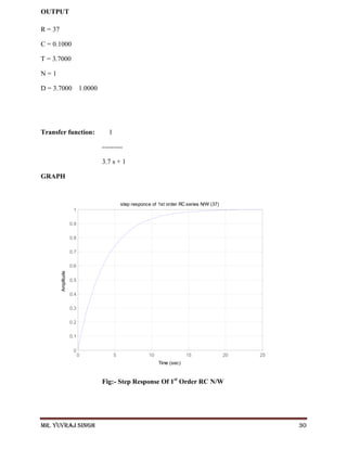 Mr. Yuvraj Singh 30
OUTPUT
R = 37
C = 0.1000
T = 3.7000
N = 1
D = 3.7000 1.0000
Transfer function: 1
---------
3.7 s + 1
GRAPH
Fig:- Step Response Of 1st
Order RC N/W
0 5 10 15 20 25
0
0.1
0.2
0.3
0.4
0.5
0.6
0.7
0.8
0.9
1
step responce of 1st order RC series N/W (37)
Time (sec)
Amplitude
 