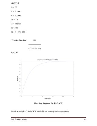 Mr. Yuvraj Singh 37
OUTPUT
R = 37
L = 0.1000
C = 0.1000
W = 10
d = 18.5000
N = 100
D = 1 370 100
Transfer function: 100
--------------------
s^2 + 370 s + 10
GRAPH
Fig:- Step Response For RLC N/W
Result:- Study RLC Series N/W obtain TF and plot step and ramp response
0 5 10 15 20 25
0
0.1
0.2
0.3
0.4
0.5
0.6
0.7
0.8
0.9
1
step responce for RLC series N/W
Time (sec)
Amplitude
 