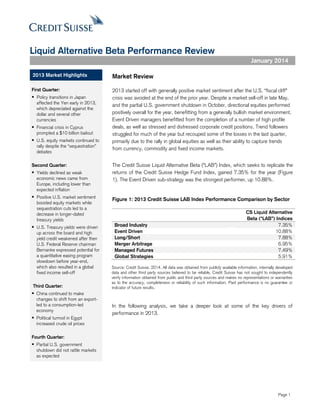 Liquid Alternative Beta Performance Review
January 2014
`

2013 Market Highlights

Market Review

First Quarter:

2013 started off with generally positive market sentiment after the U.S. “fiscal cliff”
crisis was avoided at the end of the prior year. Despite a market sell-off in late May,
and the partial U.S. government shutdown in October, directional equities performed
positively overall for the year, benefitting from a generally bullish market environment.
Event Driven managers benefitted from the completion of a number of high profile
deals, as well as stressed and distressed corporate credit positions. Trend followers
struggled for much of the year but recouped some of the losses in the last quarter,
primarily due to the rally in global equities as well as their ability to capture trends
from currency, commodity and fixed income markets.

 Policy transitions in Japan
affected the Yen early in 2013,
which depreciated against the
dollar and several other
currencies

 Financial crisis in Cyprus
prompted a $10 billion bailout

 U.S. equity markets continued to
rally despite the “sequestration”
debates
Second Quarter:

 Yields declined as weak
economic news came from
Europe, including lower than
expected inflation

 Positive U.S. market sentiment
boosted equity markets while
sequestration cuts led to a
decrease in longer-dated
treasury yields

 U.S. Treasury yields were driven
up across the board and high
yield credit weakened after then
U.S. Federal Reserve chairman
Bernanke expressed potential for
a quantitative easing program
slowdown before year-end,
which also resulted in a global
fixed income sell-off
Third Quarter:

The Credit Suisse Liquid Alternative Beta (“LAB”) Index, which seeks to replicate the
returns of the Credit Suisse Hedge Fund Index, gained 7.35% for the year (Figure
1). The Event Driven sub-strategy was the strongest performer, up 10.88%.

Figure 1: 2013 Credit Suisse LAB Index Performance Comparison by Sector

Broad Industry
Event Driven
Long/Short
Merger Arbitrage
Managed Futures
Global Strategies

CS Liquid Alternative
Beta (“LAB”) Indices
7.35%
10.88%
7.88%
6.95%
7.49%
5.91%

Source: Credit Suisse, 2014. All data was obtained from publicly available information, internally developed
data and other third party sources believed to be reliable. Credit Suisse has not sought to independently
verify information obtained from public and third party sources and makes no representations or warranties
as to the accuracy, completeness or reliability of such information. Past performance is no guarantee or
indicator of future results.

 China continued to make
changes to shift from an exportled to a consumption-led
economy

 Political turmoil in Egypt

In the following analysis, we take a deeper look at some of the key drivers of
performance in 2013.

increased crude oil prices
Fourth Quarter:

 Partial U.S. government
shutdown did not rattle markets
as expected

Page 1

 