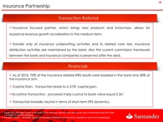19
 Insurance Partnership

                                                               Transaction Rational

         Insurance focused partner, which brings new products and know-how, allows for
        insurance revenue growth acceleration in the medium-term.


         Transfer only of insurance underwriting activities and its related core risks. Insurance
        distribution activities are maintained by the bank. Also the current commission framework
        between the bank and insurance companies is preserved after the deal.


                                                                          Financials

         As of 2010, 70% of the insurance related IFRS results were booked in the bank and 30% at
        the insurance arm.

         Capital Gain: Transaction leads to a 21%¹ capital gain.

        Accretive Transaction: proceeds imply a price to book value equal 2.3x².

         Transaction broadly neutral in terms of short-term EPS dynamics.


1. Capital gain calculated based on the terms of the insurance deal that took place by the time of Santander Brasil IPO (refer
     to Page 7 in the IPO prospect).
2. Proceeds /(Equity – Goodwill). Equity and Goodwill in BRGAAP as of Dec/2010. Adjusted for spin-off of Capitalização.
 