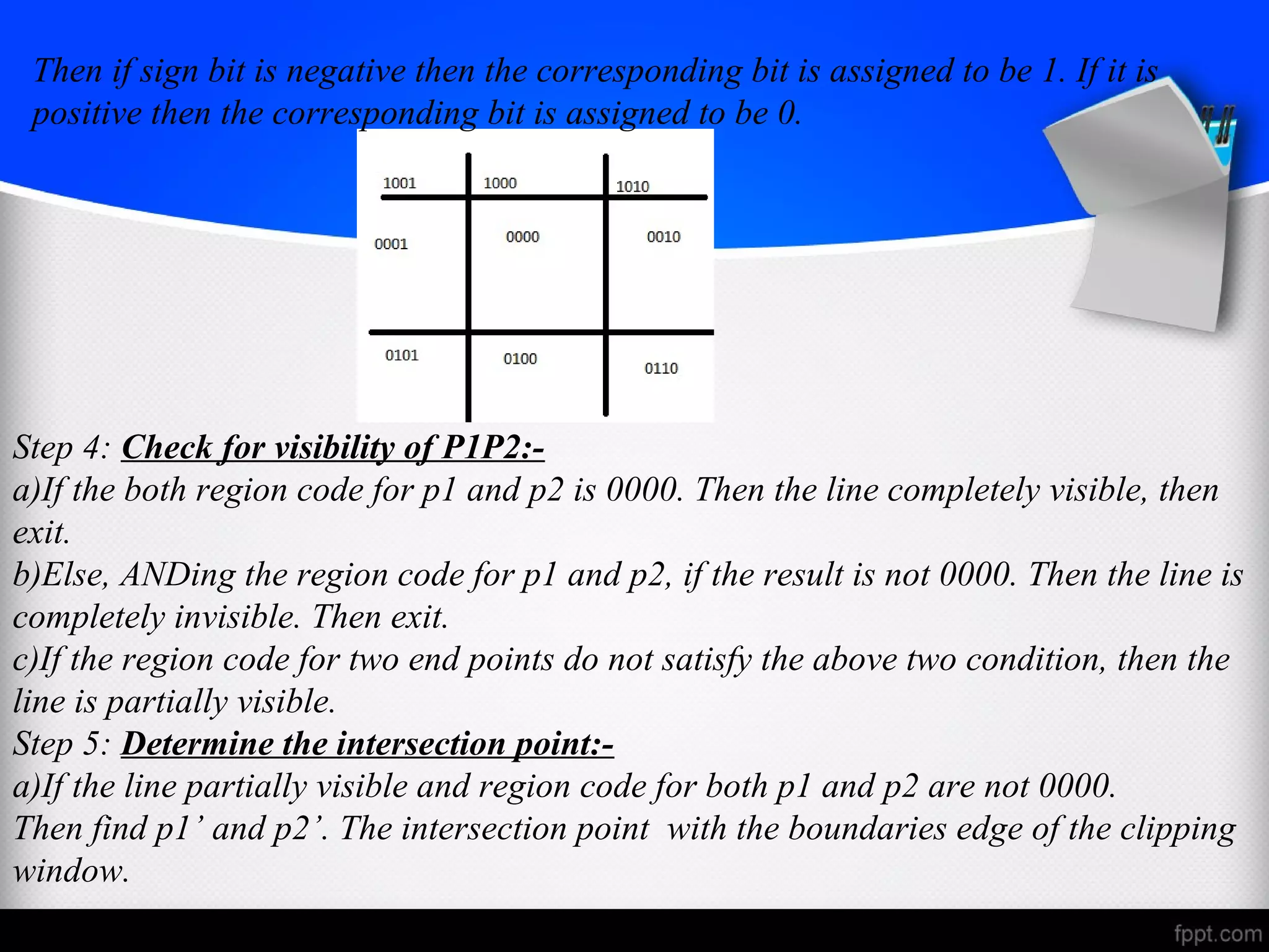 Then if sign bit is negative then the corresponding bit is assigned to be 1. If it is 
positive then the corresponding bit is assigned to be 0. 
Step 4: Check for visibility of P1P2:- 
a)If the both region code for p1 and p2 is 0000. Then the line completely visible, then 
exit. 
b)Else, ANDing the region code for p1 and p2, if the result is not 0000. Then the line is 
completely invisible. Then exit. 
c)If the region code for two end points do not satisfy the above two condition, then the 
line is partially visible. 
Step 5: Determine the intersection point:- 
a)If the line partially visible and region code for both p1 and p2 are not 0000. 
Then find p1’ and p2’. The intersection point with the boundaries edge of the clipping 
window. 
 