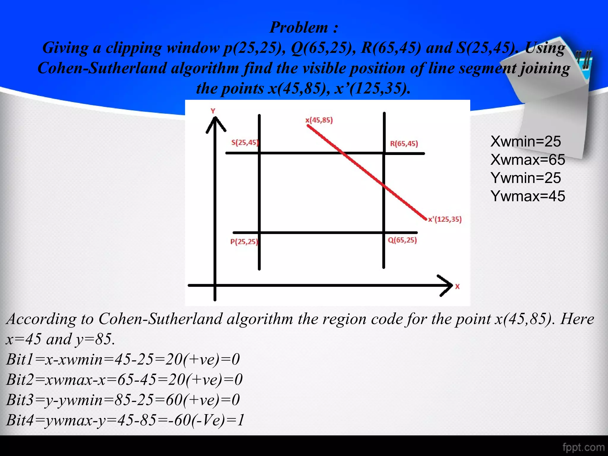 Problem : 
Giving a clipping window p(25,25), Q(65,25), R(65,45) and S(25,45). Using 
Cohen-Sutherland algorithm find the visible position of line segment joining 
the points x(45,85), x’(125,35). 
Xwmin=25 
Xwmax=65 
Ywmin=25 
Ywmax=45 
According to Cohen-Sutherland algorithm the region code for the point x(45,85). Here 
x=45 and y=85. 
Bit1=x-xwmin=45-25=20(+ve)=0 
Bit2=xwmax-x=65-45=20(+ve)=0 
Bit3=y-ywmin=85-25=60(+ve)=0 
Bit4=ywmax-y=45-85=-60(-Ve)=1 
 