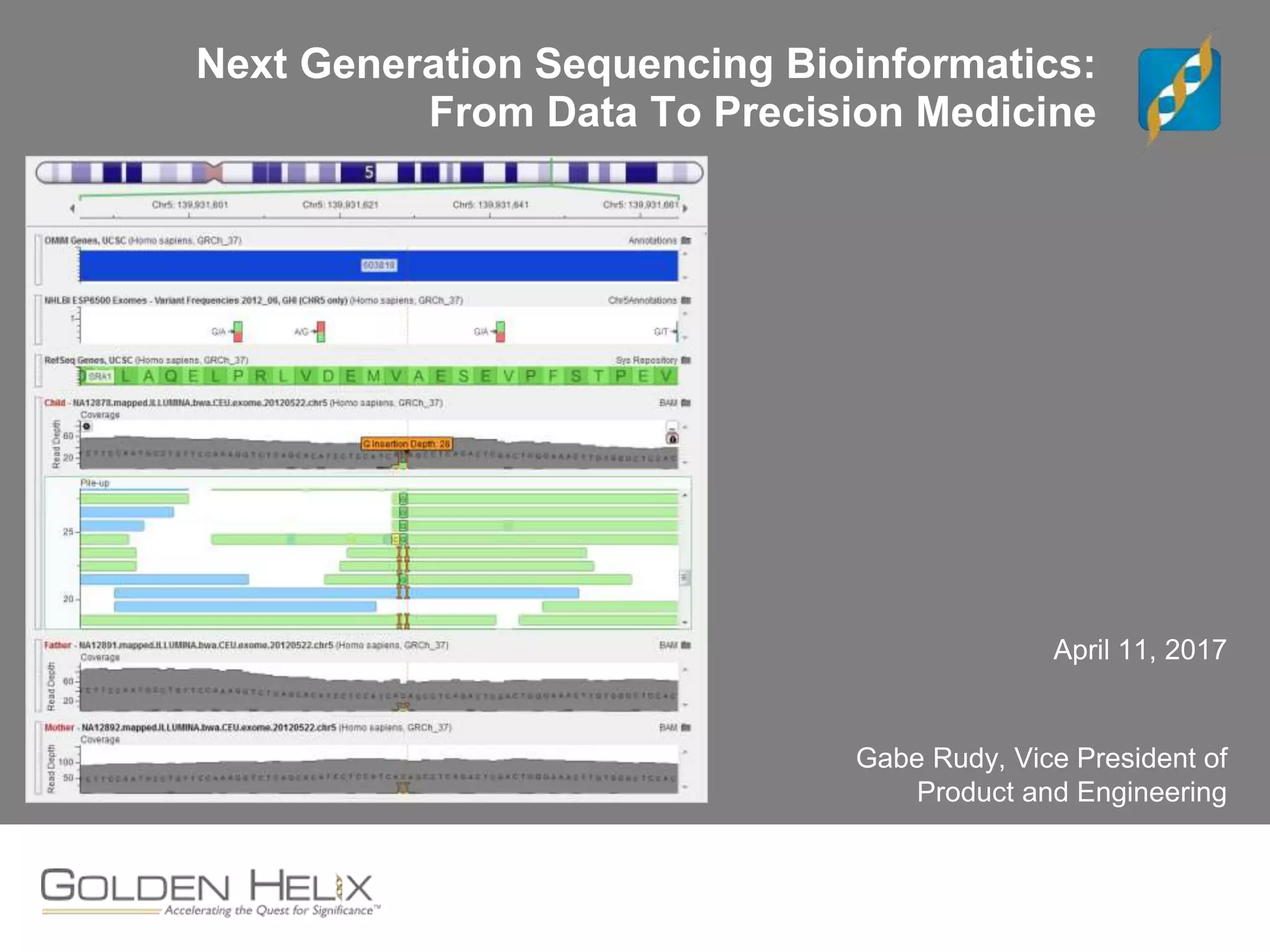 Next Generation Sequencing Bioinformatics:
From Data To Precision Medicine
April 11, 2017
Gabe Rudy, Vice President of
Product and Engineering
 