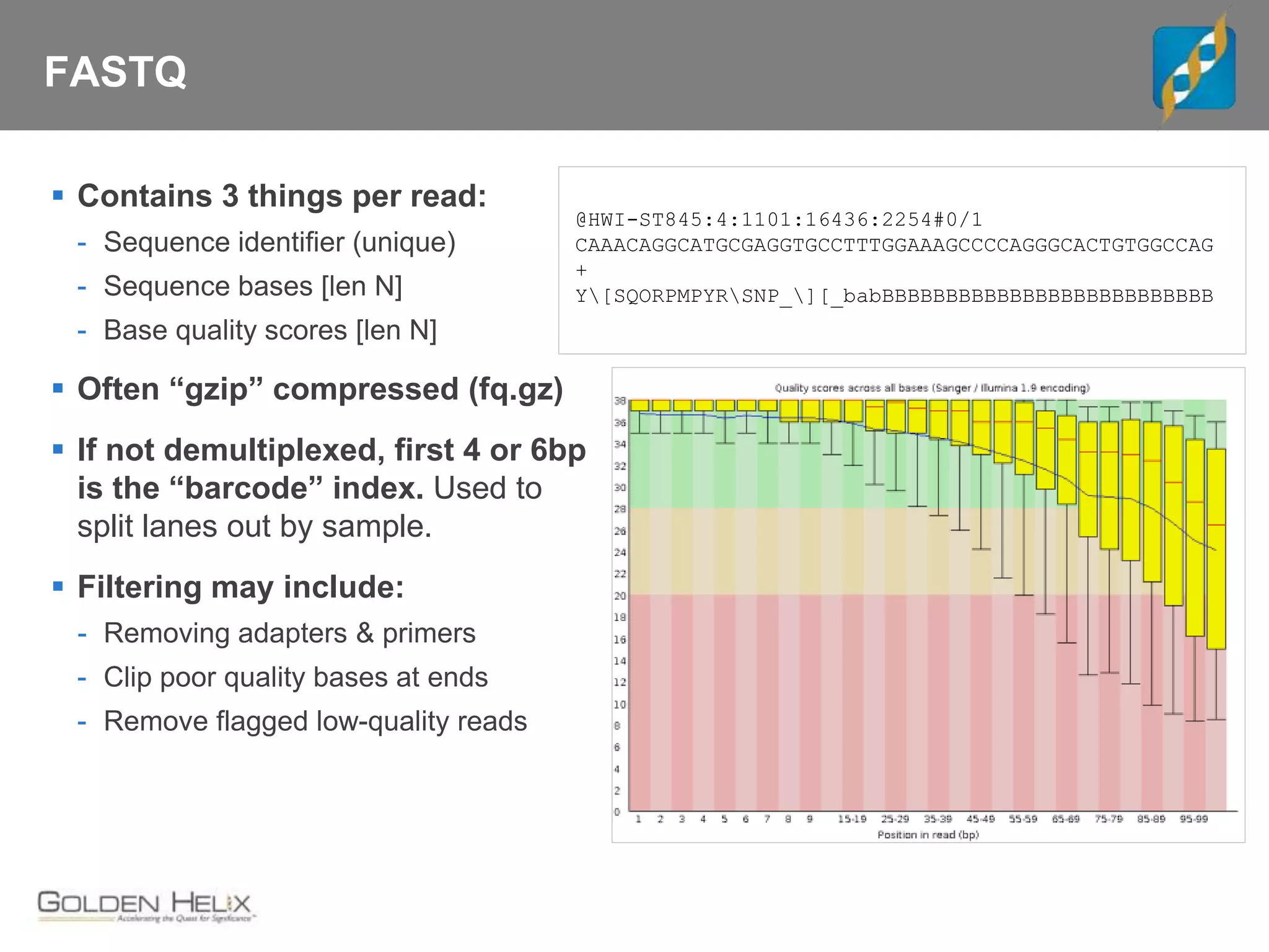 FASTQ
 Contains 3 things per read:
- Sequence identifier (unique)
- Sequence bases [len N]
- Base quality scores [len N]
 Often “gzip” compressed (fq.gz)
 If not demultiplexed, first 4 or 6bp
is the “barcode” index. Used to
split lanes out by sample.
 Filtering may include:
- Removing adapters & primers
- Clip poor quality bases at ends
- Remove flagged low-quality reads
@HWI-ST845:4:1101:16436:2254#0/1
CAAACAGGCATGCGAGGTGCCTTTGGAAAGCCCCAGGGCACTGTGGCCAG
+
Y[SQORPMPYRSNP_][_babBBBBBBBBBBBBBBBBBBBBBBBBBB
 