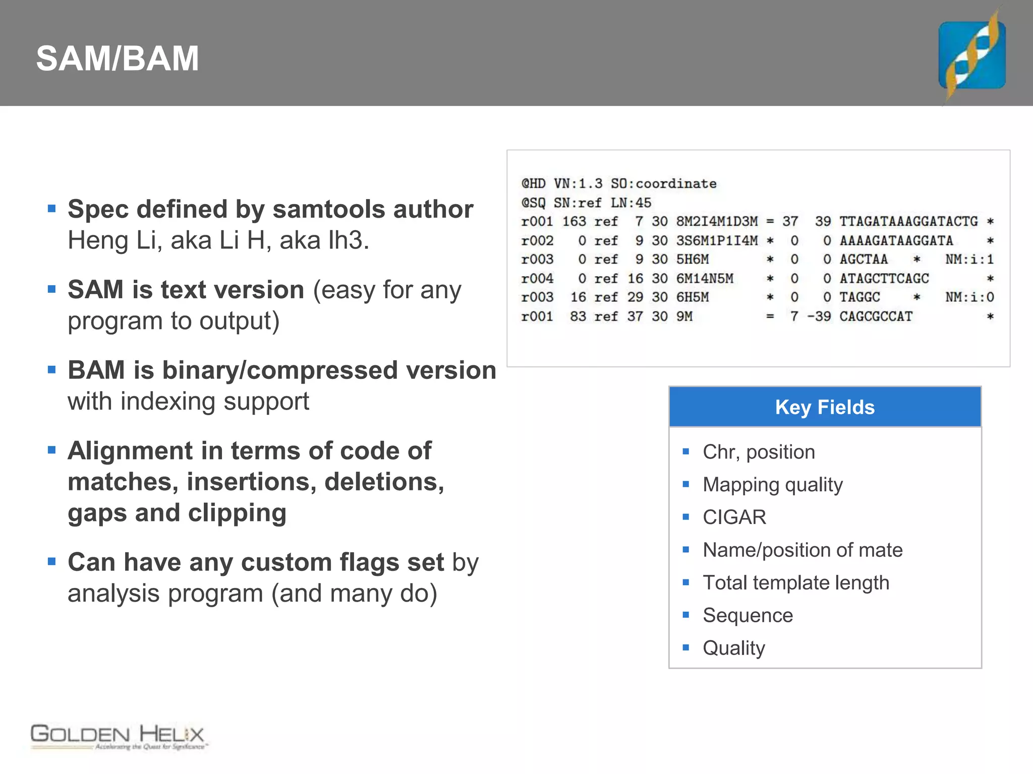 SAM/BAM
 Spec defined by samtools author
Heng Li, aka Li H, aka lh3.
 SAM is text version (easy for any
program to output)
 BAM is binary/compressed version
with indexing support
 Alignment in terms of code of
matches, insertions, deletions,
gaps and clipping
 Can have any custom flags set by
analysis program (and many do)
Key Fields
 Chr, position
 Mapping quality
 CIGAR
 Name/position of mate
 Total template length
 Sequence
 Quality
 