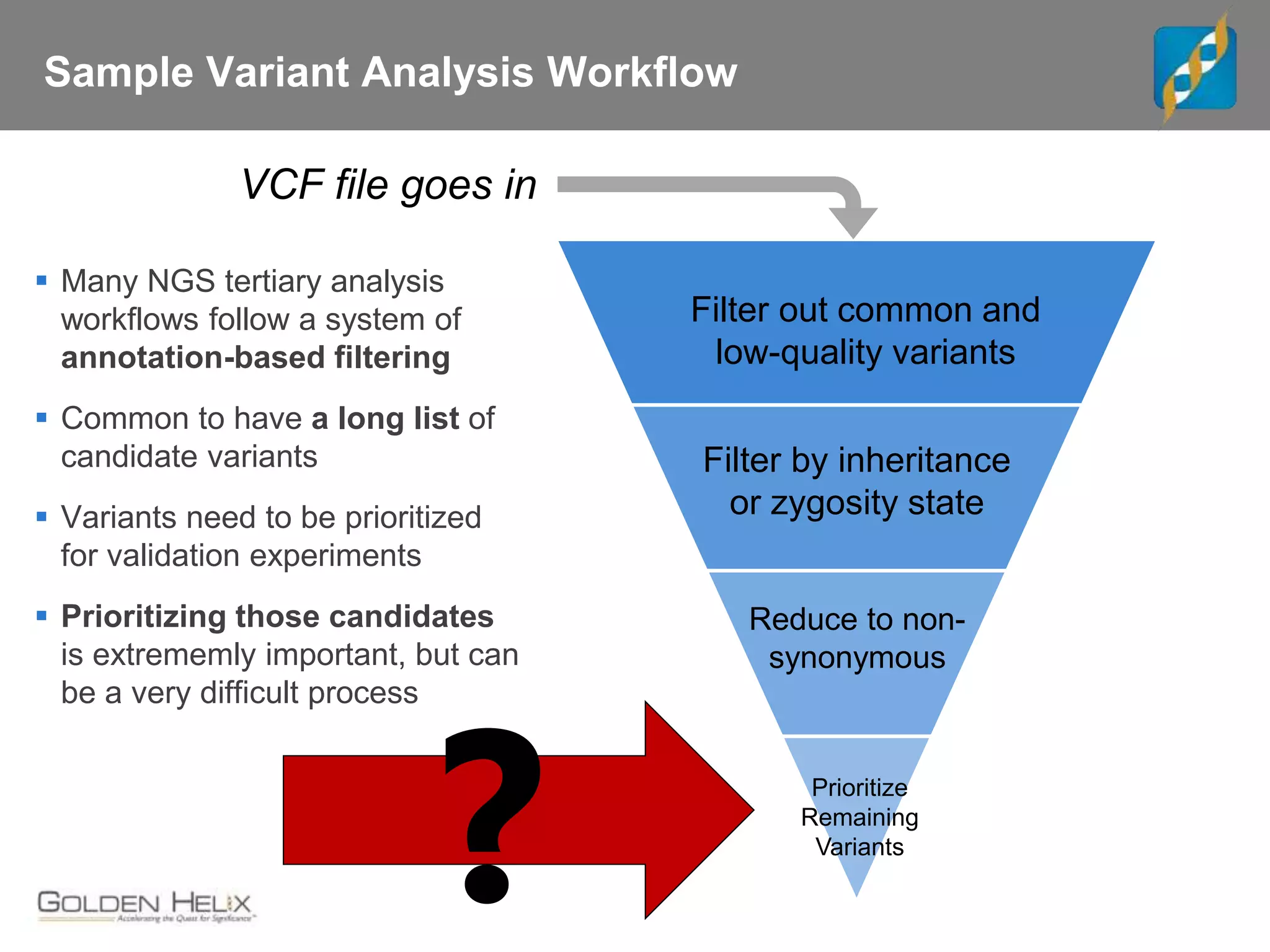Sample Variant Analysis Workflow
Filter out common and
low-quality variants
Filter by inheritance
or zygosity state
Reduce to non-
synonymous
Prioritize
Remaining
Variants
?
VCF file goes in
 Many NGS tertiary analysis
workflows follow a system of
annotation-based filtering
 Common to have a long list of
candidate variants
 Variants need to be prioritized
for validation experiments
 Prioritizing those candidates
is extrememly important, but can
be a very difficult process
 