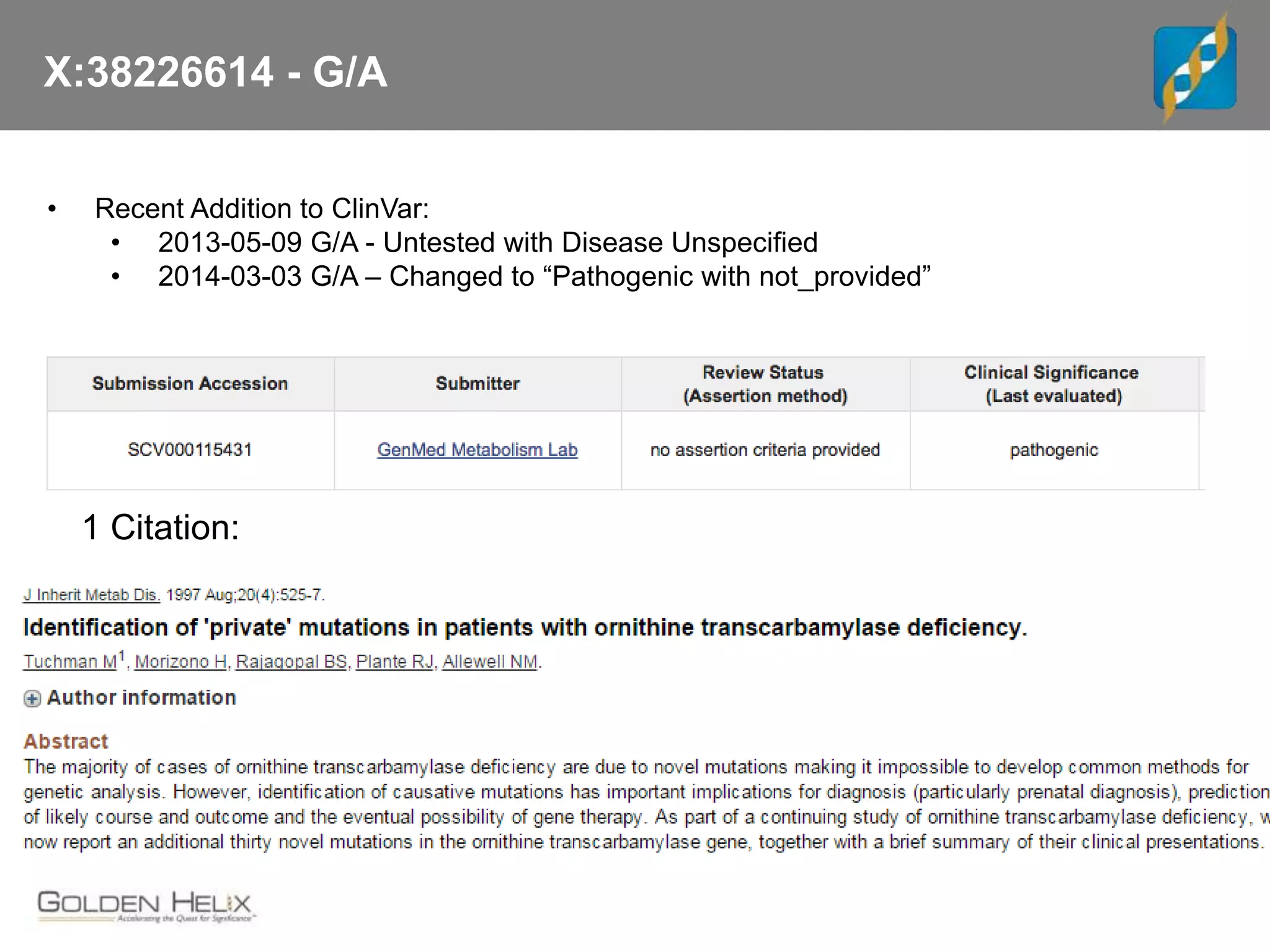 X:38226614 - G/A
• Recent Addition to ClinVar:
• 2013-05-09 G/A - Untested with Disease Unspecified
• 2014-03-03 G/A – Changed to “Pathogenic with not_provided”
1 Citation:
 