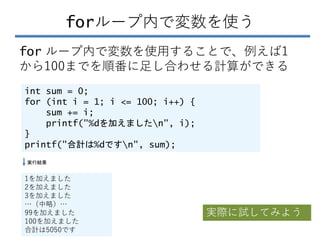 forループ内で変数を使う
int sum = 0;
for (int i = 1; i <= 100; i++) {
sum += i;
printf("%dを加えましたn", i);
}
printf("合計は%dですn", sum);
for ループ内で変数を使用することで、例えば1
から100までを順番に足し合わせる計算ができる
1を加えました
2を加えました
3を加えました
…（中略）…
99を加えました
100を加えました
合計は5050です
実行結果
実際に試してみよう
 