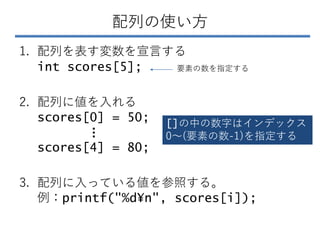 配列の使い方
1. 配列を表す変数を宣言する
int scores[5];
2. 配列に値を入れる
scores[0] = 50;
scores[4] = 80;
3. 配列に入っている値を参照する。
例：printf("%d¥n", scores[i]);
…
[]の中の数字はインデックス
0～(要素の数-1)を指定する
要素の数を指定する
 