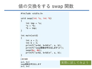 値の交換をする swap 関数
#include <stdio.h>
void swap(int *a, int *b)
{
int tmp = *a;
*a = *b;
*b = tmp;
}
int main(void)
{
int a =...