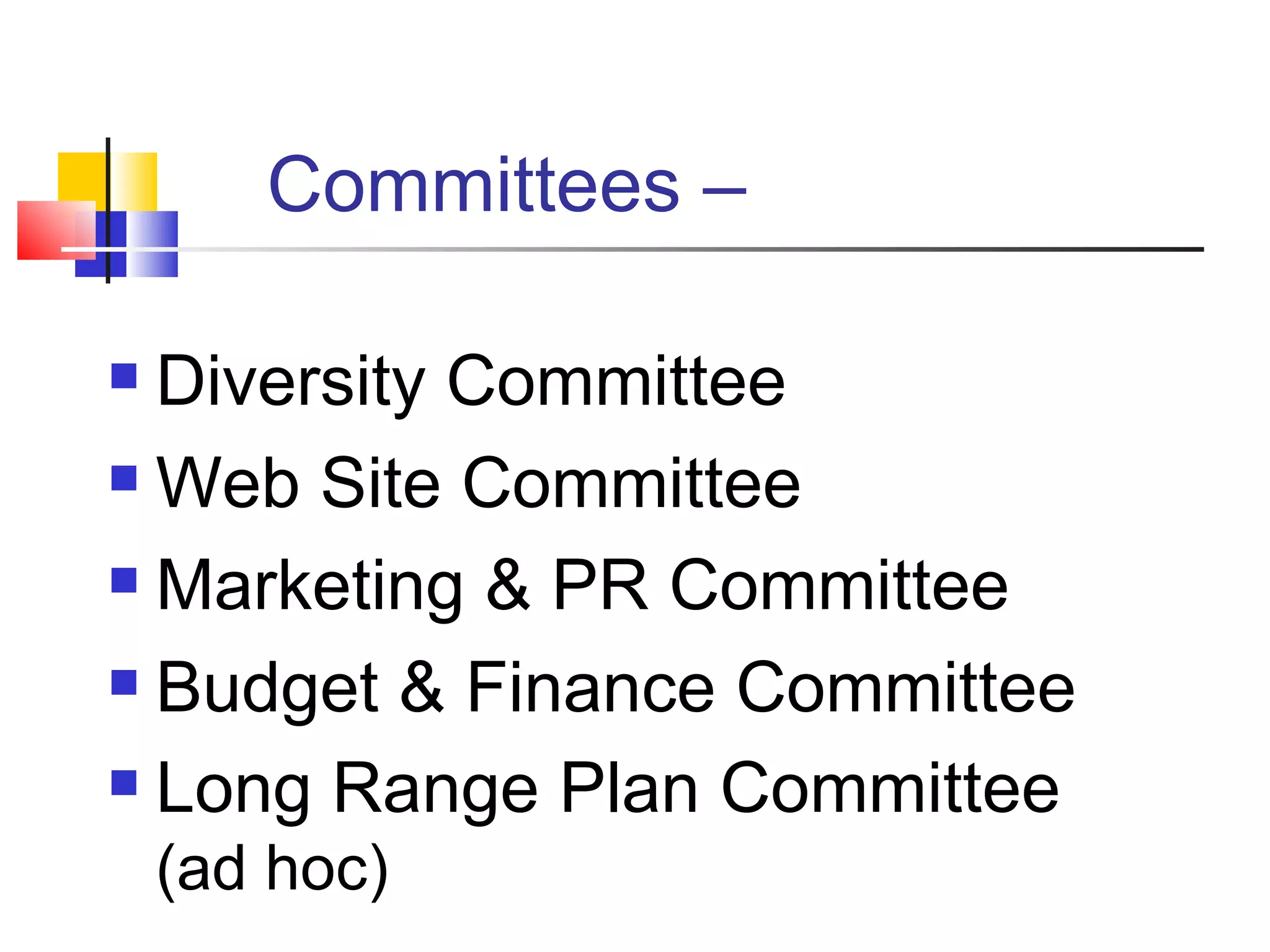 Committees –  Diversity Committee Web Site Committee Marketing & PR Committee Budget & Finance Committee Long Range Plan Committee  (ad hoc) 