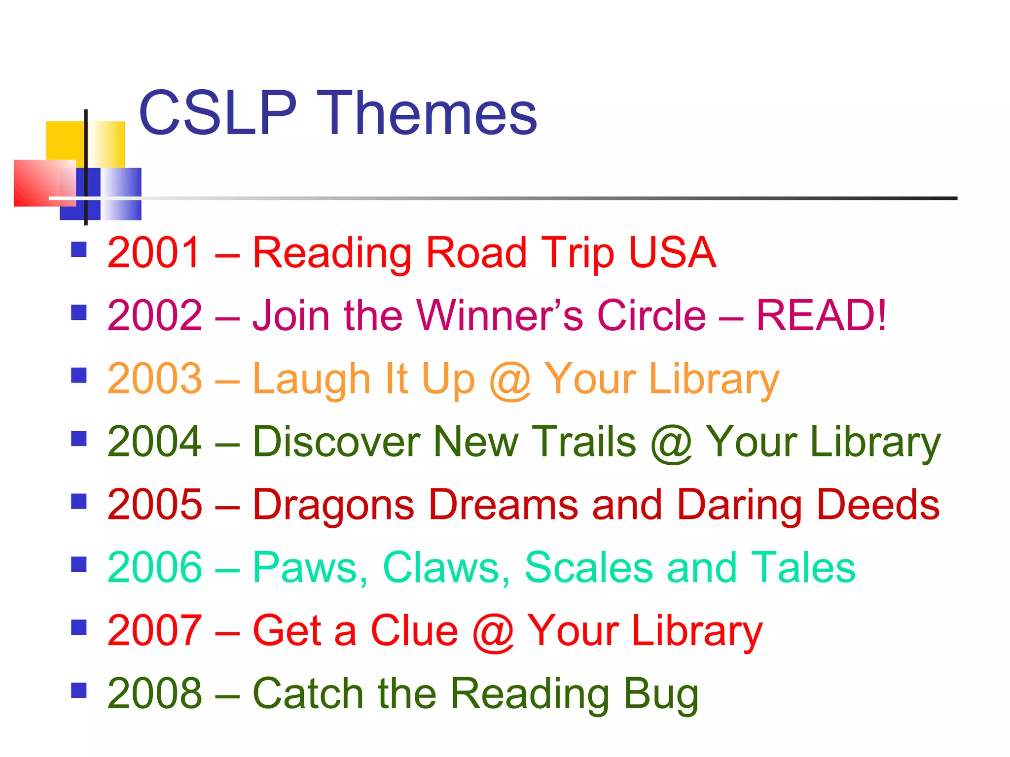 CSLP Themes 2001 – Reading Road Trip USA 2002 – Join the Winner’s Circle – READ! 2003 – Laugh It Up @ Your Library 2004 – Discover New Trails @ Your Library 2005 – Dragons Dreams and Daring Deeds 2006 – Paws, Claws, Scales and Tales 2007 – Get a Clue @ Your Library 2008 – Catch the Reading Bug 