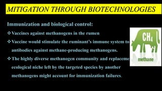 MITIGATION THROUGH BIOTECHNOLOGIES
Immunization and biological control:
Vaccines against methanogens in the rumen
Vaccine would stimulate the ruminant’s immune system to produce
antibodies against methane-producing methanogens.
The highly diverse methanogen community and replacement of the
ecological niche left by the targeted species by another
methanogens might account for immunization failures.
 
