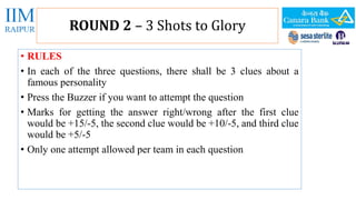 ROUND 2 – 3 Shots to Glory 
• RULES 
• In each of the three questions, there shall be 3 clues about a 
famous personality 
• Press the Buzzer if you want to attempt the question 
• Marks for getting the answer right/wrong after the first clue 
would be +15/-5, the second clue would be +10/-5, and third clue 
would be +5/-5 
• Only one attempt allowed per team in each question 
 