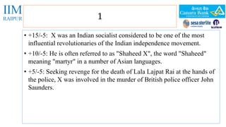 1 
• +15/-5: X was an Indian socialist considered to be one of the most 
influential revolutionaries of the Indian independence movement. 
• +10/-5: He is often referred to as "Shaheed X", the word "Shaheed" 
meaning "martyr" in a number of Asian languages. 
• +5/-5: Seeking revenge for the death of Lala Lajpat Rai at the hands of 
the police, X was involved in the murder of British police officer John 
Saunders. 
 