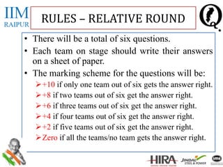 • There will be a total of six questions.
• Each team on stage should write their answers
on a sheet of paper.
• The marking scheme for the questions will be:
+10 if only one team out of six gets the answer right.
+8 if two teams out of six get the answer right.
+6 if three teams out of six get the answer right.
+4 if four teams out of six get the answer right.
+2 if five teams out of six get the answer right.
Zero if all the teams/no team gets the answer right.
RULES – RELATIVE ROUND