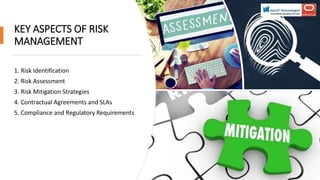 KEY ASPECTS OF RISK
MANAGEMENT
1. Risk Identification
2. Risk Assessment
3. Risk Mitigation Strategies
4. Contractual Agreements and SLAs
5. Compliance and Regulatory Requirements
 
