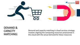 DEMAND &
CAPACITY
MATCHING:
Demand and capacity matching in cloud services strategy
involves aligning the computing resources provisioned in
the cloud with the actual demand for those resources
 