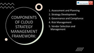 COMPONENTS
OF CLOUD
STRATEGY
MANAGEMENT
FRAMEWORK:
1. Assessment and Planning
2. Strategy Development
3. Governance and Compliance
4. Risk Management
5. Vendor Selection and
Management
 