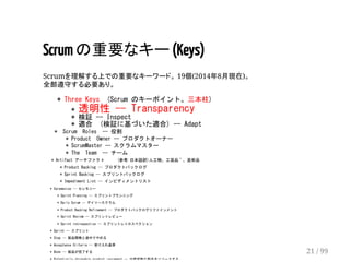 Scrum の重要なキー (Keys) 
Scrumを理解する上での重要なキーワード。 19個(2014年8月現在)。 
全部遵守する必要あり。 
* Three Keys (Scrum のキーポイント。三本柱) 
* 透明性 -- Transparency 
* 検証 -- Inspect 
* 適合 (検証に基づいた適合) -- Adapt 
* Scrum Roles -- 役割 
* Product Owner -- プロダクトオーナー 
* ScrumMaster -- スクラムマスター 
* The Team -- チーム 
* Artifact アーチファクト (参考:日本語訳)人工物、工芸品＾、芸術品 
* Product Backlog -- プロダクトバックログ 
* Sprint Backlog -- スプリントバックログ 
* Impediment List -- インピディメントリスト 
* Ceremonies -- セレモニー 
* Sprint Planning -- スプリントプランニング 
* Daily Scrum -- デイリースクラム 
* Product Backlog Refinement -- プロダクトバックログリファインメント 
* Sprint Review -- スプリントレビュー 
* Sprint retrospective -- スプリントレトロスペクション 
* Sprint -- スプリント 
* Stop -- 製品開発と途中でやめる 
* Acceptance Criteria -- 受け入れ基準 
* Done -- 製品が完了する 
* Potentially shippable product increment -- 出荷可能な製品をリリースする 
21 / 99 
 