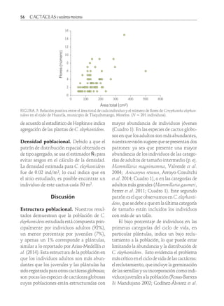 56	
Flores (número)
Flores(número)
Área total (cm2)
1
0
0 100 200 300 400 500 600
0
2
4
6
8
10
12
14
16
2 3 4 5 6 7 8 +9
FIGURA. 5. Relación positiva entre el área total de cada individuo y el número de flores de Coryphantha elephan-
tidens en el ejido de Huautla, municipio de Tlaquiltenango, Morelos. (N = 201 individuos).
mayor abundancia de individuos jóvenes
(Cuadro 1). En las especies de cactus globo-
sos en que los adultos son más abundantes,
nuestra revisión sugiere que se presentan dos
patrones: ya sea que presente una mayor
abundancia de los individuos de las catego-
rías de adultos de tamaño intermedio (p. ej.
Mammillaria magnimamma, Valverde et al.
2004; Ariocarpus retusus, Arroyo-Cosultchi
et al. 2014; Cuadro 1), o en las categorías de
adultos más grandes (Mammillaria gaumeri,
Ferrer et al. 2011; Cuadro 1). Este segundo
patrón es el que observamos en C. elephanti-
dens, que se debe a que en la última categoría
de tamaño están incluidos los individuos
con más de un tallo.
El bajo porcentaje de individuos en las
primeras categorías del ciclo de vida, en
particular plántulas, indica un bajo reclu-
tamiento a la población, lo que puede estar
limitando la abundancia y la distribución de
C. elephantidens. Esto evidencia el problema
máscríticoenelciclodevidadelascactáceas:
el reclutamiento, que incluye la germinación
de las semillas y su incorporación como indi-
viduosjuvenilesalapoblación(Rosas-Barrera
& Mandujano 2002; Godínez-Álvarez et al.
de acuerdo al estadístico de Hopkins e indica
agregación de las plantas de C. elephantidens.
Densidad poblacional. Debido a que el
patrón de distribución espacial obtenido es
de tipo agregado, se usa el estimador Ň3 para
evitar sesgos en el cálculo de la densidad.
La densidad estimada para C. elephantidens
fue de 0.02 ind/m2, lo cual indica que en
el sitio estudiado, es posible encontrar un
individuo de este cactus cada 50 m2.
Discusión
Estructura poblacional. Nuestros resul-
tados demuestran que la población de C.
elephantidensestudiada está compuesta prin-
cipalmente por individuos adultos (92%),
un menor porcentaje por juveniles (7%),
y apenas un 1% corresponde a plántulas,
similar a lo reportado por Arias-Medellín et
al. (2014). Esta estructura de la población en
que los individuos adultos son más abun-
dantes que los juveniles y las plántulas ha
sido registrada para otras cactáceas globosas;
son pocas las especies de cactáceas globosas
cuyas poblaciones están estructuradas con
 