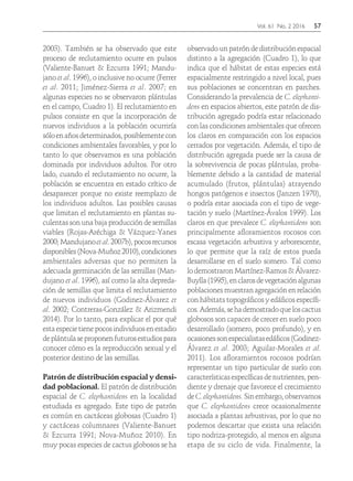 Vol. 61 No. 2 2016	57
2003). También se ha observado que este
proceso de reclutamiento ocurre en pulsos
(Valiente-Banuet & Ezcurra 1991; Mandu-
jano et al. 1996), o inclusive no ocurre (Ferrer
et al. 2011; Jiménez-Sierra et al. 2007; en
algunas especies no se observaron plántulas
en el campo, Cuadro 1). El reclutamiento en
pulsos consiste en que la incorporación de
nuevos individuos a la población ocurriría
sóloenañosdeterminados,posiblementecon
condiciones ambientales favorables, y por lo
tanto lo que observamos es una población
dominada por individuos adultos. Por otro
lado, cuando el reclutamiento no ocurre, la
población se encuentra en estado crítico de
desaparecer porque no existe reemplazo de
los individuos adultos. Las posibles causas
que limitan el reclutamiento en plantas su-
culentas son una baja producción de semillas
viables (Rojas-Aréchiga & Vázquez-Yanes
2000;Mandujanoetal.2007b),pocosrecursos
disponibles(Nova-Muñoz2010),condiciones
ambientales adversas que no permiten la
adecuada germinación de las semillas (Man-
dujano et al. 1996), así como la alta depreda-
ción de semillas que limita el reclutamiento
de nuevos individuos (Godinez-Álvarez et
al. 2002; Contreras-González & Arizmendi
2014). Por lo tanto, para explicar el por qué
estaespecietienepocosindividuosenestadio
deplántulaseproponenfuturosestudiospara
conocer cómo es la reproducción sexual y el
posterior destino de las semillas.
Patrón de distribución espacial y densi-
dad poblacional. El patrón de distribución
espacial de C. elephantidens en la localidad
estudiada es agregado. Este tipo de patrón
es común en cactáceas globosas (Cuadro 1)
y cactáceas columnares (Valiente-Banuet
& Ezcurra 1991; Nova-Muñoz 2010). En
muy pocas especies de cactus globosos se ha
observado un patrón de distribución espacial
distinto a la agregación (Cuadro 1), lo que
indica que el hábitat de estas especies está
espacialmente restringido a nivel local, pues
sus poblaciones se concentran en parches.
Considerando la prevalencia de C. elephanti-
dens en espacios abiertos, este patrón de dis-
tribución agregado podría estar relacionado
con las condiciones ambientales que ofrecen
los claros en comparación con los espacios
cerrados por vegetación. Además, el tipo de
distribución agregada puede ser la causa de
la sobrevivencia de pocas plántulas, proba-
blemente debido a la cantidad de material
acumulado (frutos, plántulas) atrayendo
hongos patógenos e insectos (Janzen 1970),
o podría estar asociada con el tipo de vege-
tación y suelo (Martínez-Ávalos 1999). Los
claros en que prevalece C. elephantidens son
principalmente afloramientos rocosos con
escasa vegetación arbustiva y arborescente,
lo que permite que la raíz de estos pueda
desarrollarse en el suelo somero. Tal como
lo demostraron Martínez-Ramos & Álvarez-
Buylla(1995),enclarosdevegetaciónalgunas
poblacionesmuestranagregaciónenrelación
con hábitats topográficos y edáficos específi-
cos.Además,sehademostradoqueloscactus
globosos son capaces de crecer en suelo poco
desarrollado (somero, poco profundo), y en
ocasionessonespecialistasedáficos(Godinez-
Álvarez et al. 2003; Aguilar-Morales et al.
2011). Los afloramientos rocosos podrían
representar un tipo particular de suelo con
características específicas de nutrientes, pen-
diente y drenaje que favorece el crecimiento
deC.elephantidens.Sinembargo,observamos
que C. elephantidens crece ocasionalmente
asociada a plantas arbustivas, por lo que no
podemos descartar que exista una relación
tipo nodriza-protegido, al menos en alguna
etapa de su ciclo de vida. Finalmente, la
 