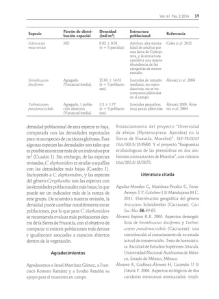 Vol. 61 No. 2 2016	59
densidad poblacional de esta especie es baja,
comparada con las densidades reportadas
paraotrasespeciesdecactáceasglobosas.Para
algunas especies las densidades son tales que
es posible encontrar más de un individuo por
m2 (Cuadro 1). Sin embargo, de las especies
revisadas,C.elephantidensessimilaraaquéllas
con las densidades más bajas (Cuadro 1).
Incluyendo a C. elephantidens, y las especies
del género Coryphantha son las especies con
lasdensidadespoblacionalesmásbajas,loque
puede ser un indicador más de la rareza de
este grupo. De acuerdo a nuestra revisión, la
densidad puede cambiar notablemente entre
poblaciones, por lo que para C. elephantidens
se recomienda evaluar más poblaciones den-
tro de la Sierra de Huautla, con el objetivo de
comparar si existen poblaciones más densas
e igualmente asociadas a espacios abiertos
dentro de la vegetación.
Agradecimientos
Agradecemos a Israel Martínez Gómez, a Fran-
cisco Romero Ramírez y a Evodio Rendón su
apoyo para el muestreo en campo.
Financiamiento del proyecto "Diversidad
de abejas (Hymenoptera: Apoidea) en la
Sierra de Huautla, Morelos)”, sep-prodep
dsa/103.5/15/6986. Y el proyecto "Respuestas
ecofisiologicas de las pteridofitas en dos am-
bientes contrastantes de Morelos”, con número
dsa/103.5/15/3073.
Literatura citada
Aguilar-Morales G, Martínez-Peralta C, Feria-
Arroyo T P, Golubov J & Mandujano M C.
2011. Distribución geográfica del género
Ariocarpus Scheidweiler (Cactaceae). Cact
Suc Mex 56:49-63.
Álvarez Espino R.X. 2003. Aspectos demográ-
ficos de Strombocactus disciformis y Turbini-
carpus pseudomacrochele (Cactaceae): una
contribución al conocimiento de su estado
actual de conservación. Tesis de licenciatu-
ra. Facultad de Estudios Superiores Iztacala,
Universidad Nacional Autónoma de Méxi-
co, Estado de México, México.
Álvarez R, Godínez-Álvarez H, Guzmán U &
Dávila P. 2004. Aspectos ecológicos de dos
cactáceas mexicanas amenazadas: impli-
Especie
Patrón de distri-
bución espacial
Densidad
(ind/m2)
Estructura
poblacional
Referencia
Sclerocactus
mesa-verdae
ND 0.02 ± 0.01
(n = 3 parcelas)
Adultos; alta morta-
lidad de adultos por
una larva de Coleop-
tera, y la estructura
cambió a una mayor
abundancia de las
categorías de menor
tamaño
Coles et al. 2012
Strombocactus
disciformis
Agregado
(Varianza/media)
23.03 ± 14.61
(n = 3 poblacio-
nes)
Juveniles de tamaño
mediano, no repro-
ductivos; no se en-
contraron plántulas
en el campo
Álvarez et al. 2004
Turbinicarpus
pseudomacrochele
Agregado, 1 pobla-
ción aleatorio
(Varianza/media)
3.5 ± 1.77
(n = 3 poblacio-
nes)
Juveniles pequeños;
muy pocas plántulas
Álvarez 2003; Álva-
rez et al. 2004
 