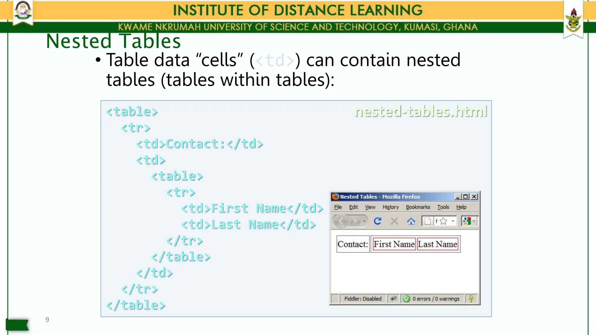 Nested Tables
• Table data “cells” (<td>) can contain nested
tables (tables within tables):
9
<table>
<tr>
<td>Contact:</td>
<td>
<table>
<tr>
<td>First Name</td>
<td>Last Name</td>
</tr>
</table>
</td>
</tr>
</table>
nested-tables.html
 