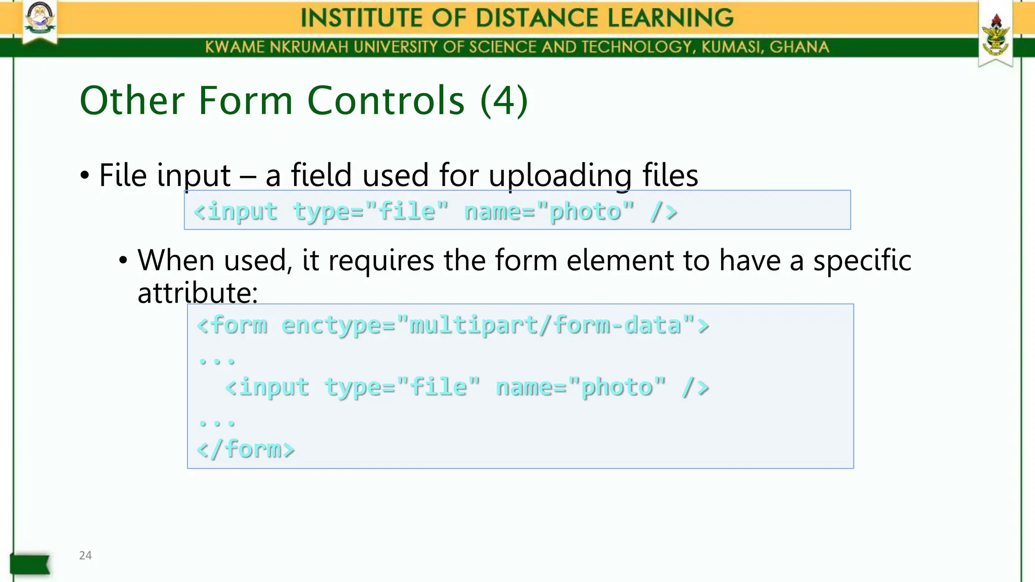 Other Form Controls (4)
• File input – a field used for uploading files
• When used, it requires the form element to have a specific
attribute:
24
<input type="file" name="photo" />
<form enctype="multipart/form-data">
...
<input type="file" name="photo" />
...
</form>
 