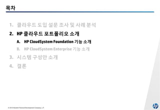 목차
1. 클라우드 도입 설문 조사 및 사례 분석
2. HP 클라우드 포트폴리오 소개
A. HP CloudSystem Foundation 기능 소개
B. HP CloudSystem Enterprise 기능 소개

3. 시스템 구성안 소개
4. 결론

© 2014 Hewlett-Packard Development Company, L.P.

 