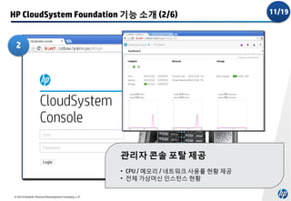 HP CloudSystem Foundation 기능 소개 (2/6)
2

관리자 콘솔 포탈 제공
• CPU / 메모리 / 네트워크 사용률 현황 제공
• 전체 가상머신 인스턴스 현황
© 2014 Hewlett-Packard Development Company, L.P.

11/19

 