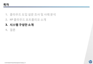 목차
1. 클라우드 도입 설문 조사 및 사례 분석
2. HP 클라우드 포트폴리오 소개
3. 시스템 구성안 소개
4. 결론

© 2014 Hewlett-Packard Development Company, L.P.

 